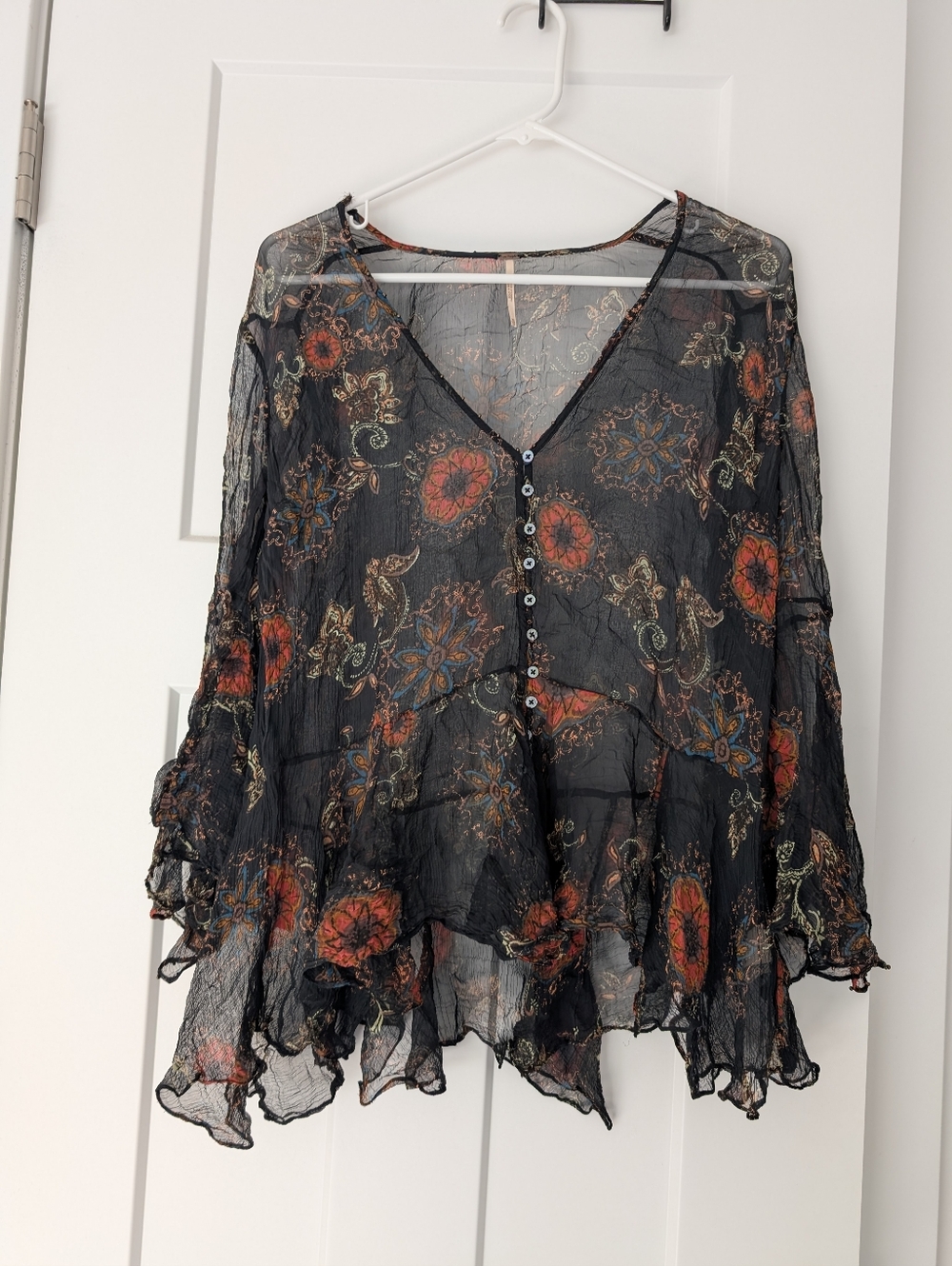 Free People Boho Sheer Blouse Bell Sleeves Size XS